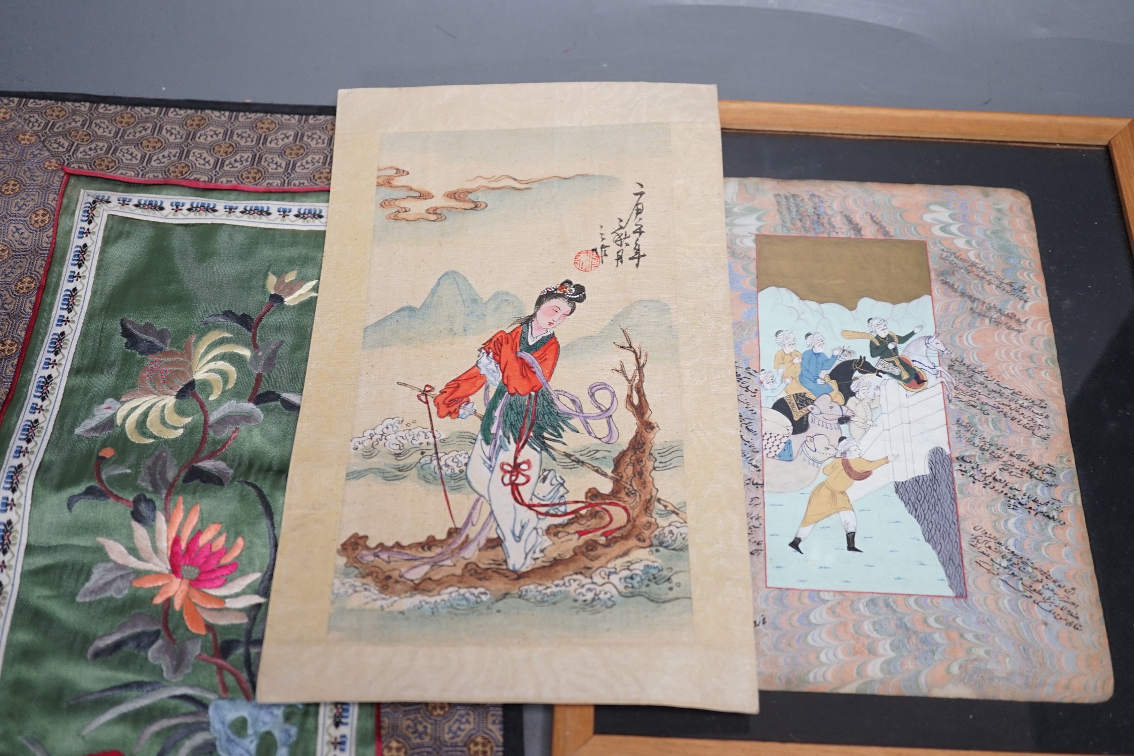 Two Chinese embroidered panels, a Persian painting and a Chinese picture